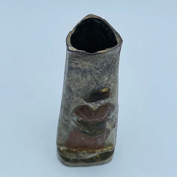 Vintage Slender Brass Bronze Metal Triangular Bud Vase Decor Woman w/ Goose - Picture 3 of 8